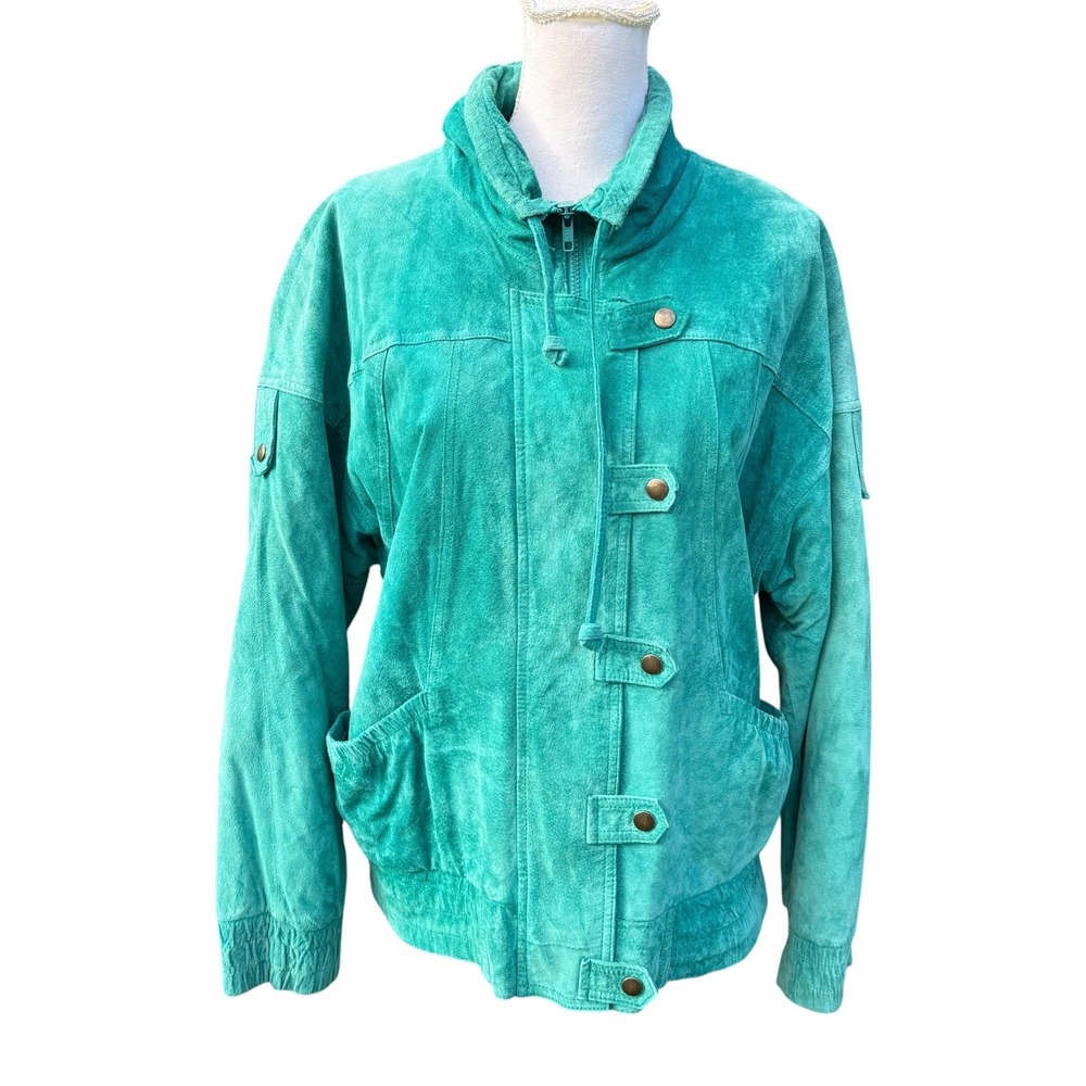 B.B.I. Vintage Teal Green Suede Leather Bomber Jacket Womens Medium 80s Retro